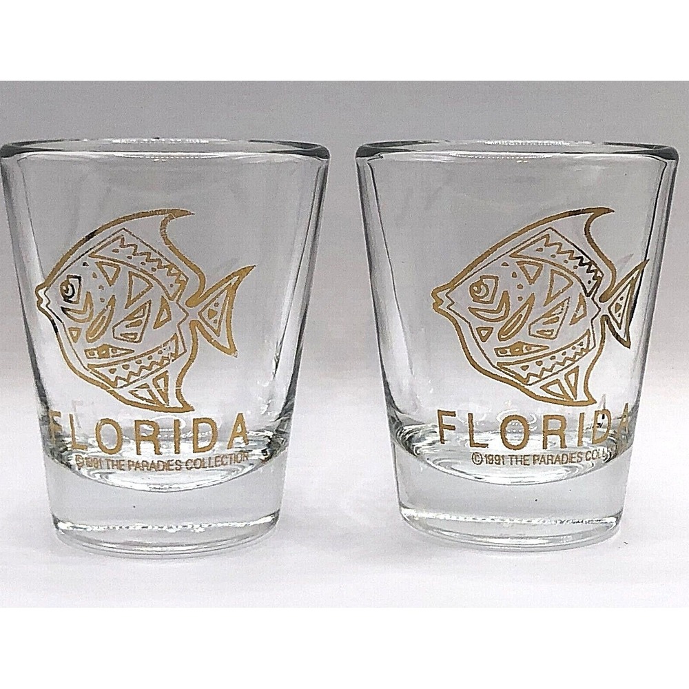 Set 2 Vintage FLORIDA Shot Glasses Gold  Fish 1991 Parades Collection USA State